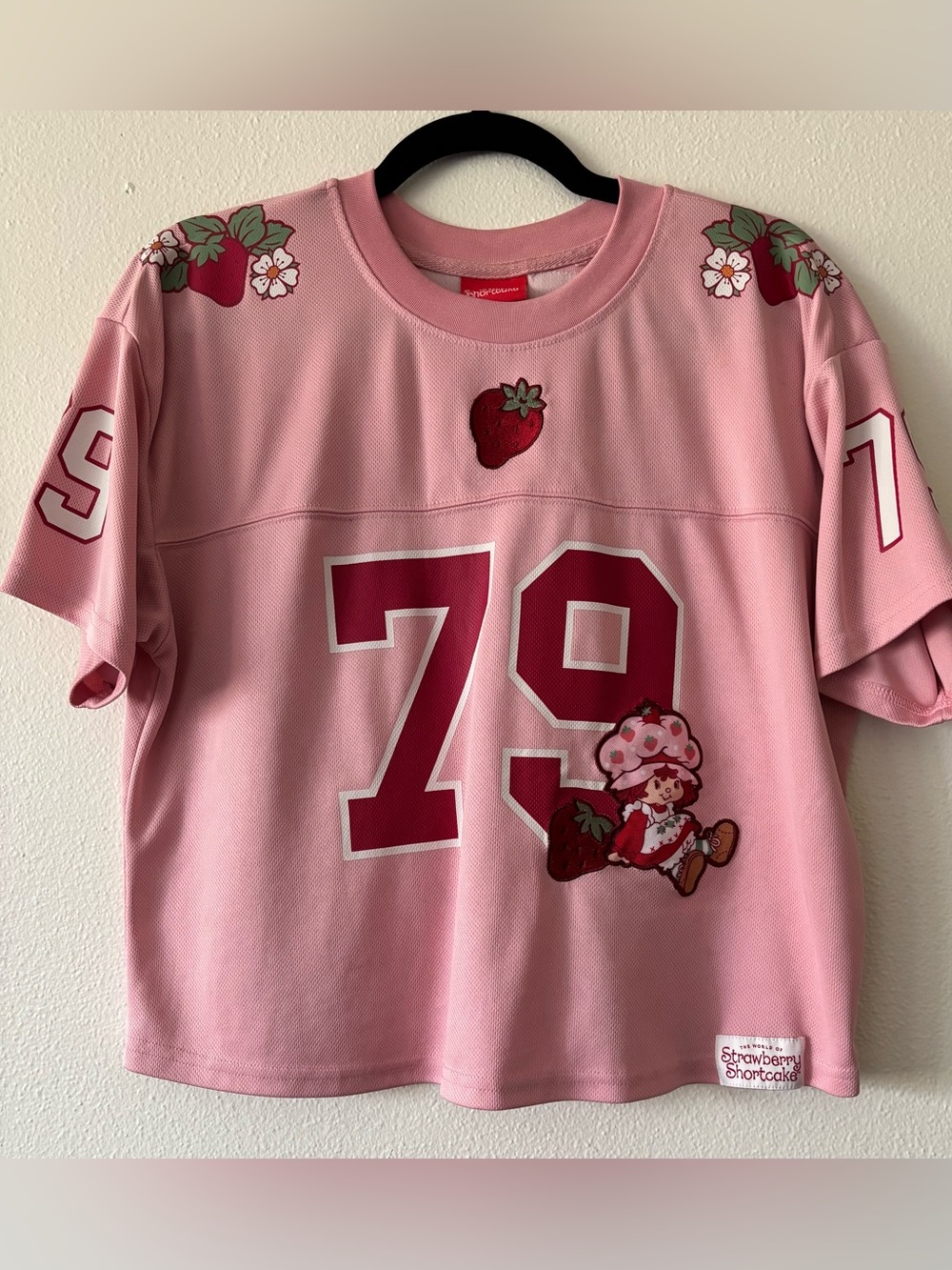 BoxLunch Women’s Pink Cropped Strawberry Shortcake Sports Jersey Size MD